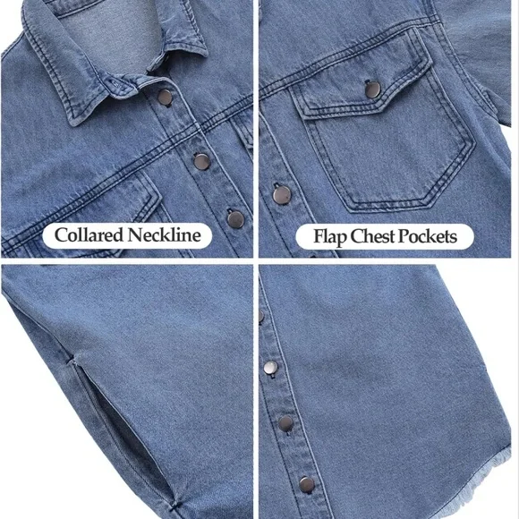 Denim Button-Up Shirt with Frayed Hem - Picture 7 of 12